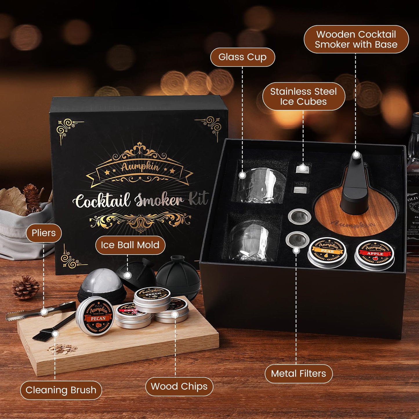 Premium Whiskey Smoker Kit with Torch, 6 Flavors Wood Chips, 2 Glasses, 2 Ice Ball Molds, Old Fashioned Drink Cocktail Smoker Kit, Birthday Bourbon Gifts for Men, Dad, Husband, Black (NO Butane)