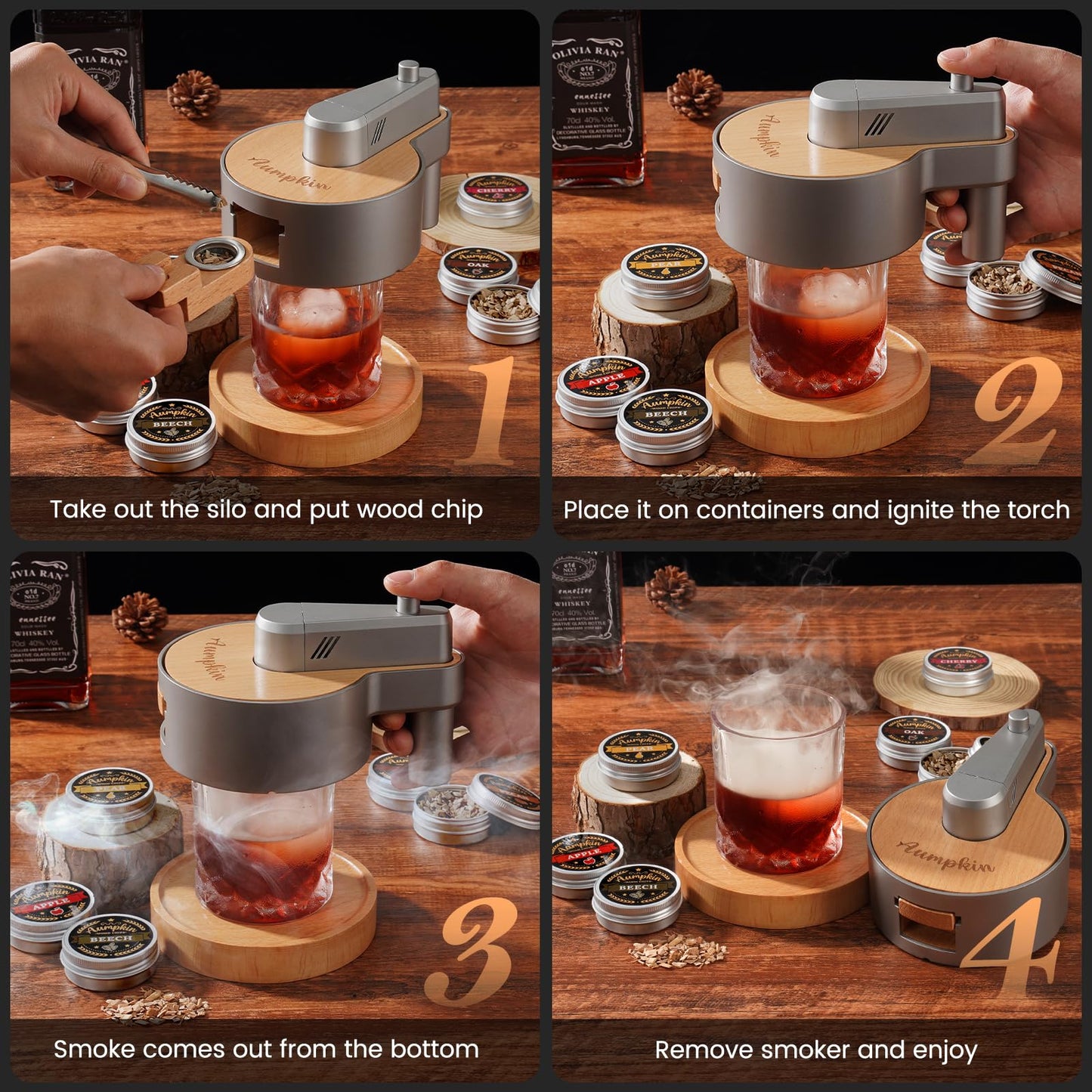 Premium Whiskey Smoker Kit with Torch, 6 Flavors Wood Chips, 2 Glasses, 2 Ice Ball Molds, Old Fashioned Drink Cocktail Smoker Kit, Birthday Bourbon Gifts for Men, Dad, Husband, Black (NO Butane)