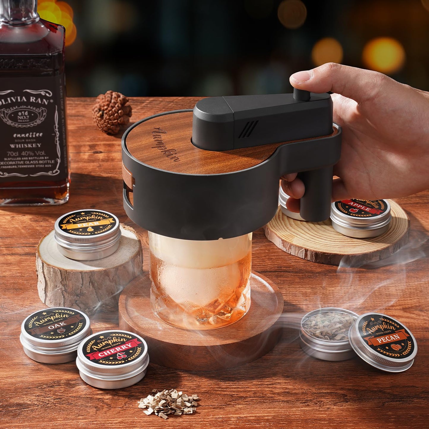 Premium Whiskey Smoker Kit with Torch, 6 Flavors Wood Chips, 2 Glasses, 2 Ice Ball Molds, Old Fashioned Drink Cocktail Smoker Kit, Birthday Bourbon Gifts for Men, Dad, Husband, Black (NO Butane)