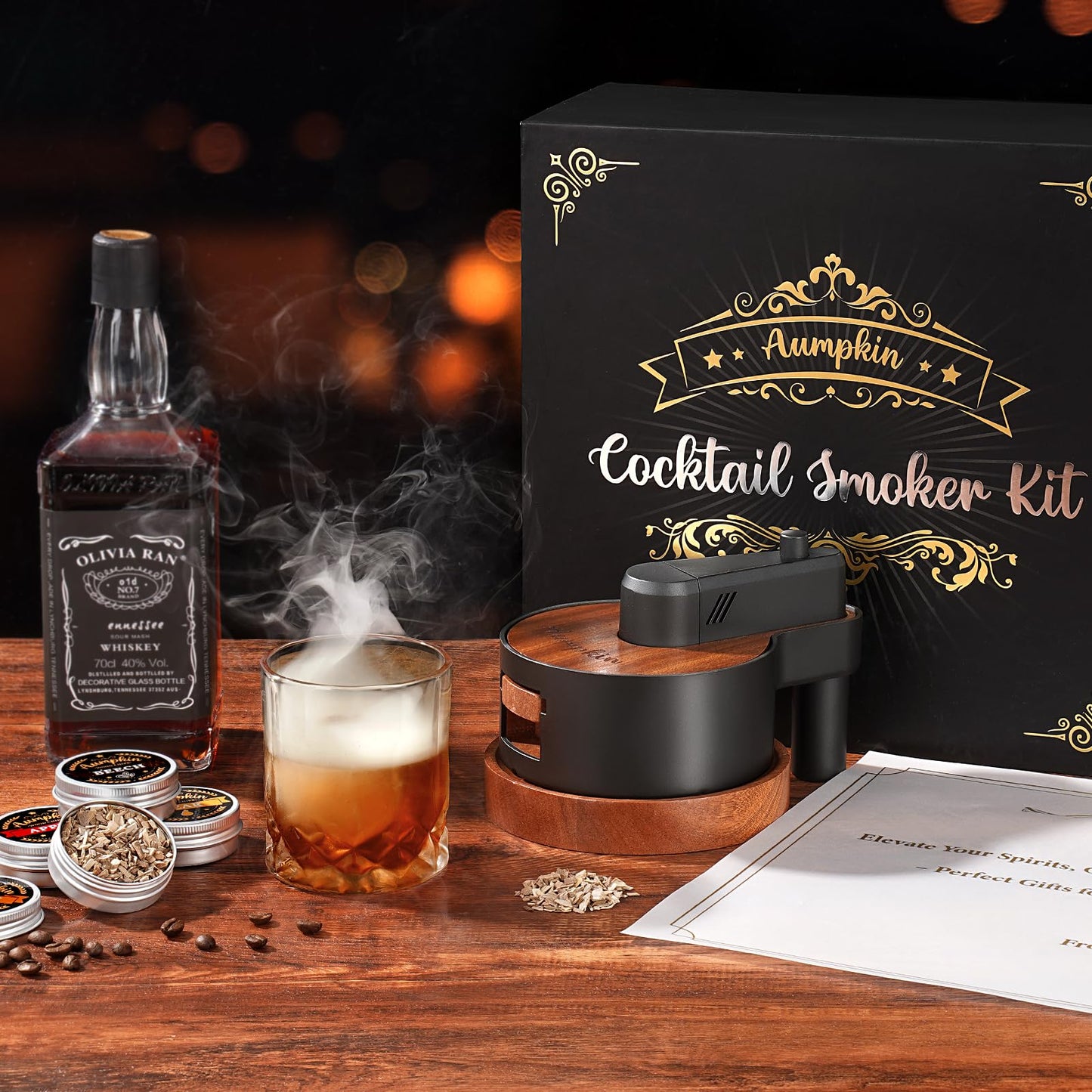 Premium Whiskey Smoker Kit with Torch, 6 Flavors Wood Chips, 2 Glasses, 2 Ice Ball Molds, Old Fashioned Drink Cocktail Smoker Kit, Birthday Bourbon Gifts for Men, Dad, Husband, Black (NO Butane)