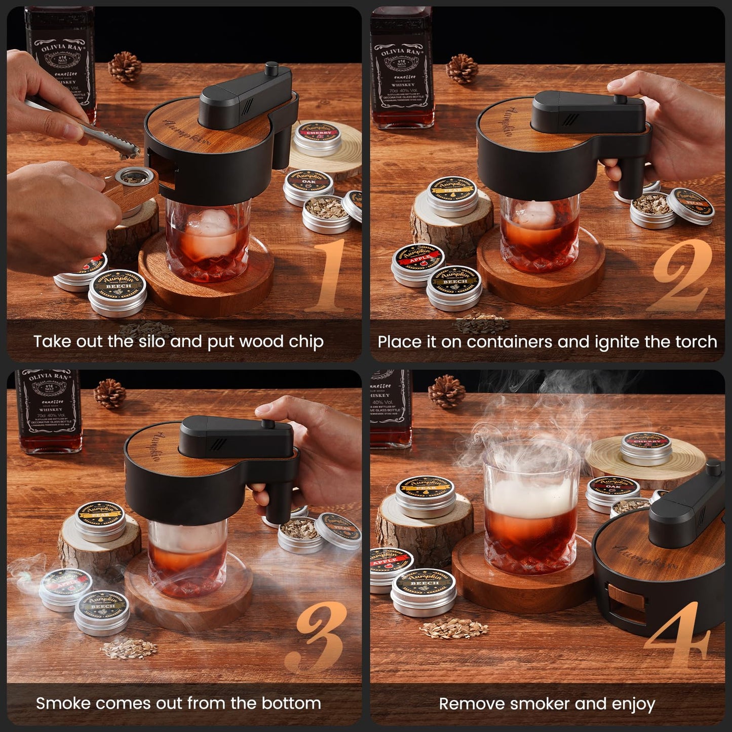 Premium Whiskey Smoker Kit with Torch, 6 Flavors Wood Chips, 2 Glasses, 2 Ice Ball Molds, Old Fashioned Drink Cocktail Smoker Kit, Birthday Bourbon Gifts for Men, Dad, Husband, Black (NO Butane)