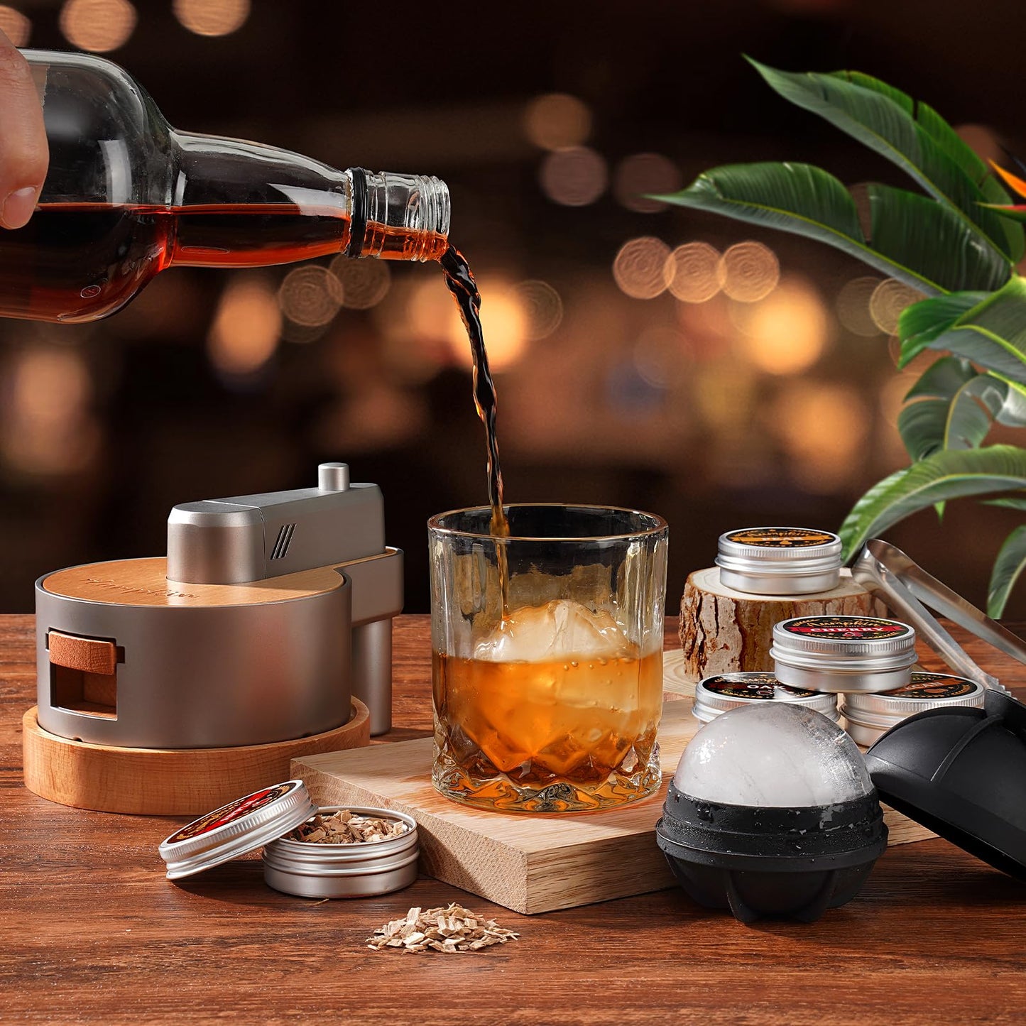 Premium Whiskey Smoker Kit with Torch, 6 Flavors Wood Chips, 2 Glasses, 2 Ice Ball Molds, Old Fashioned Drink Cocktail Smoker Kit, Birthday Bourbon Gifts for Men, Dad, Husband, Black (NO Butane)