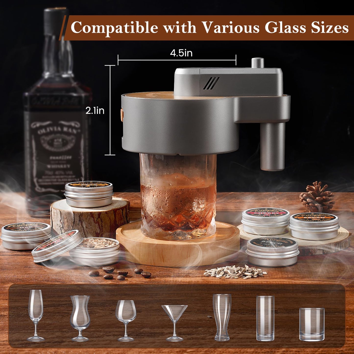 Premium Whiskey Smoker Kit with Torch, 6 Flavors Wood Chips, 2 Glasses, 2 Ice Ball Molds, Old Fashioned Drink Cocktail Smoker Kit, Birthday Bourbon Gifts for Men, Dad, Husband, Black (NO Butane)