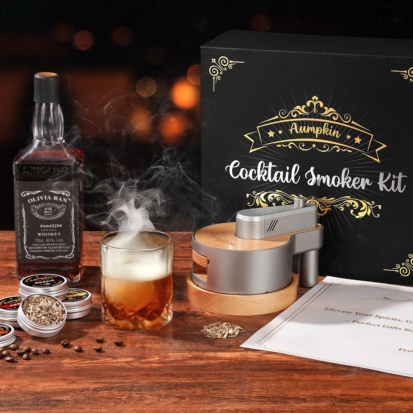Premium Whiskey Smoker Kit with Torch, 6 Flavors Wood Chips, 2 Glasses, 2 Ice Ball Molds, Old Fashioned Drink Cocktail Smoker Kit, Birthday Bourbon Gifts for Men, Dad, Husband, Black (NO Butane)