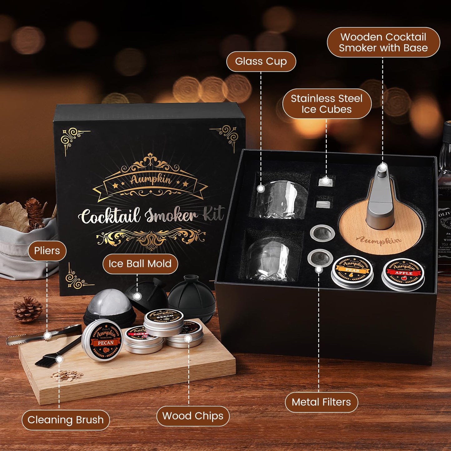 Premium Whiskey Smoker Kit with Torch, 6 Flavors Wood Chips, 2 Glasses, 2 Ice Ball Molds, Old Fashioned Drink Cocktail Smoker Kit, Birthday Bourbon Gifts for Men, Dad, Husband, Black (NO Butane)
