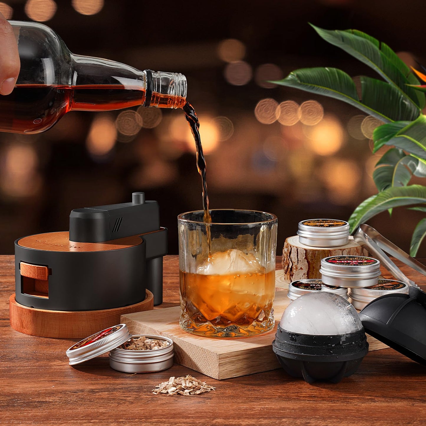 Premium Whiskey Smoker Kit with Torch, 6 Flavors Wood Chips, 2 Glasses, 2 Ice Ball Molds, Old Fashioned Drink Cocktail Smoker Kit, Birthday Bourbon Gifts for Men, Dad, Husband, Black (NO Butane)