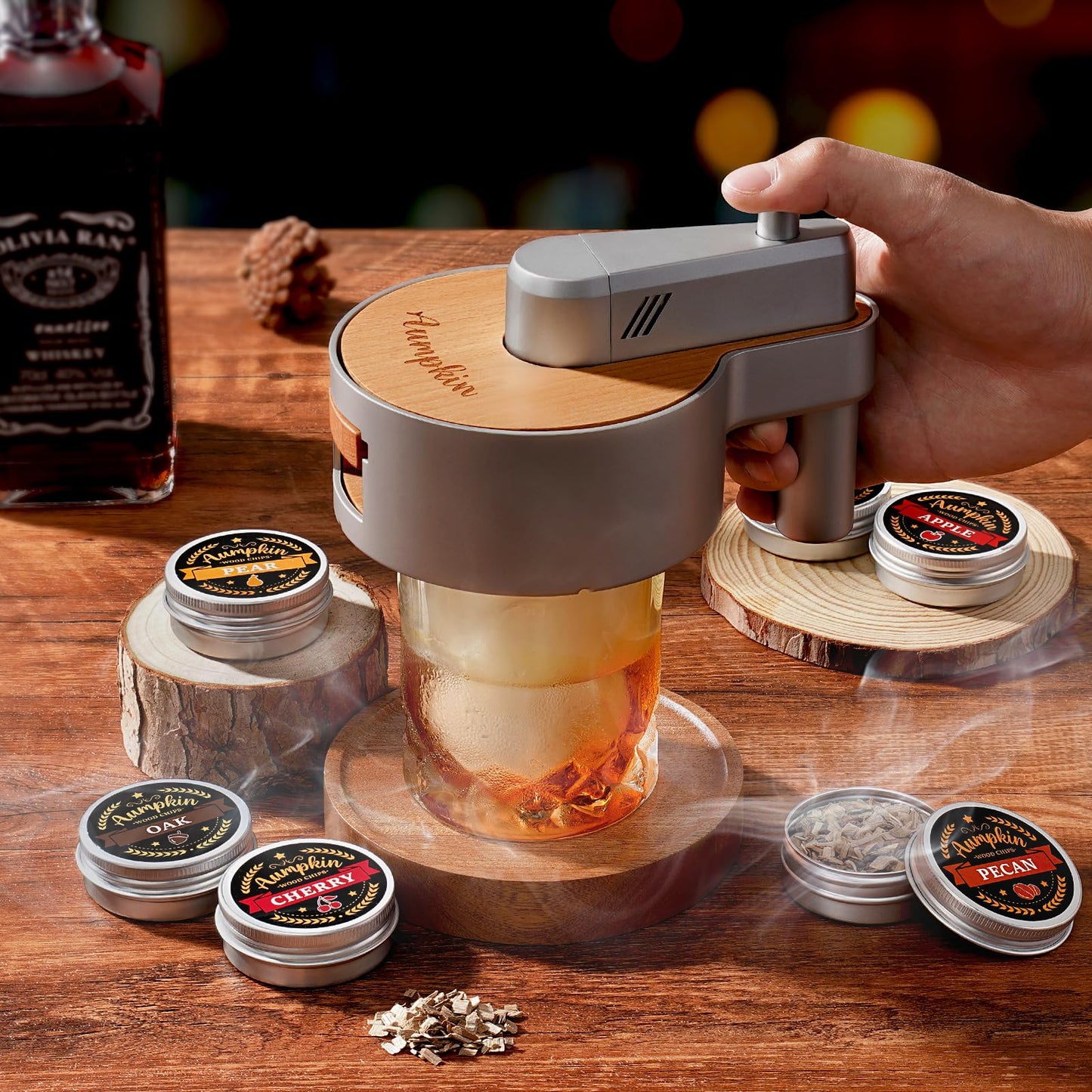 Premium Whiskey Smoker Kit with Torch, 6 Flavors Wood Chips, 2 Glasses, 2 Ice Ball Molds, Old Fashioned Drink Cocktail Smoker Kit, Birthday Bourbon Gifts for Men, Dad, Husband, Black (NO Butane)