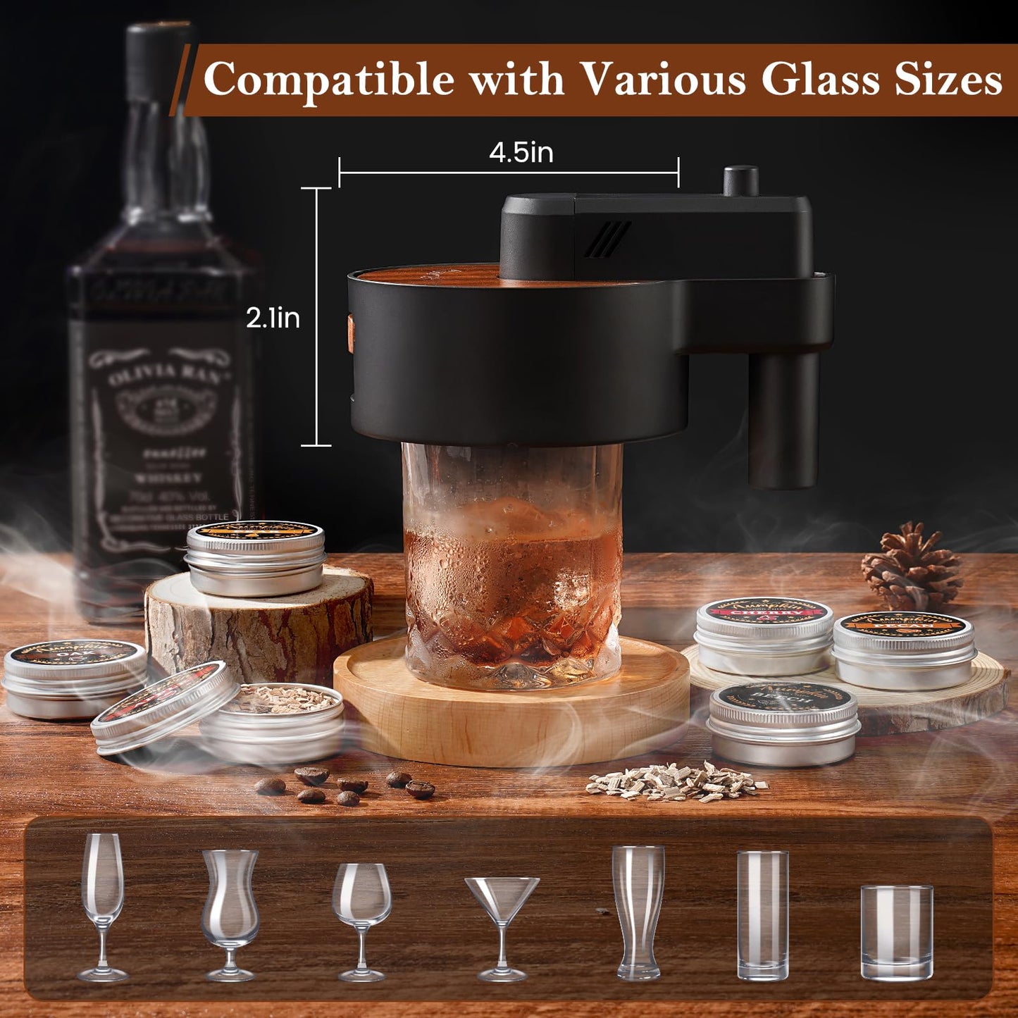 Premium Whiskey Smoker Kit with Torch, 6 Flavors Wood Chips, 2 Glasses, 2 Ice Ball Molds, Old Fashioned Drink Cocktail Smoker Kit, Birthday Bourbon Gifts for Men, Dad, Husband, Black (NO Butane)