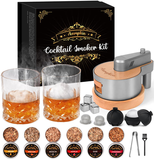 Premium Whiskey Smoker Kit with Torch, 6 Flavors Wood Chips, 2 Glasses, 2 Ice Ball Molds, Old Fashioned Drink Cocktail Smoker Kit, Birthday Bourbon Gifts for Men, Dad, Husband, Black (NO Butane)
