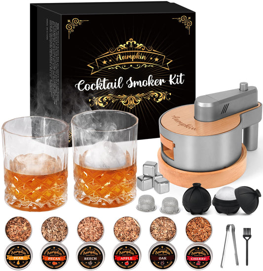 Premium Whiskey Smoker Kit with Torch, 6 Flavors Wood Chips, 2 Glasses, 2 Ice Ball Molds, Old Fashioned Drink Cocktail Smoker Kit, Birthday Bourbon Gifts for Men, Dad, Husband, Black (NO Butane)
