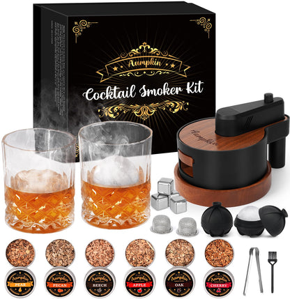 Premium Whiskey Smoker Kit with Torch, 6 Flavors Wood Chips, 2 Glasses, 2 Ice Ball Molds, Old Fashioned Drink Cocktail Smoker Kit, Birthday Bourbon Gifts for Men, Dad, Husband, Black (NO Butane)