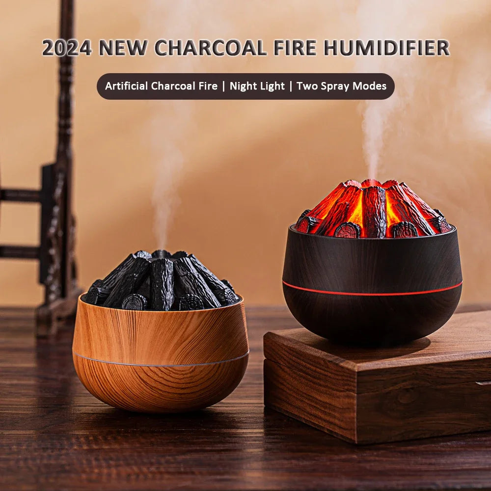 300ML Artificial Charcoal Fire Air Humidifier, Aroma Diffuser & Mist Sprayer with Night Light, Mini Diffuser for Home Use