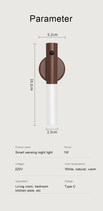 LED Wood Grain Magnetic Wall Lamp Motion Sensor USB Night Light Cabinet Closet light Staircase Bedroom Table Bedside Lighting