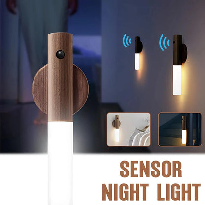 LED Wood Grain Magnetic Wall Lamp Motion Sensor USB Night Light Cabinet Closet light Staircase Bedroom Table Bedside Lighting