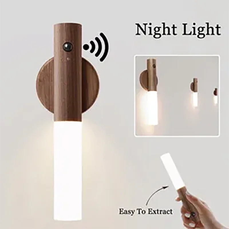 LED Wood Grain Magnetic Wall Lamp Motion Sensor USB Night Light Cabinet Closet light Staircase Bedroom Table Bedside Lighting