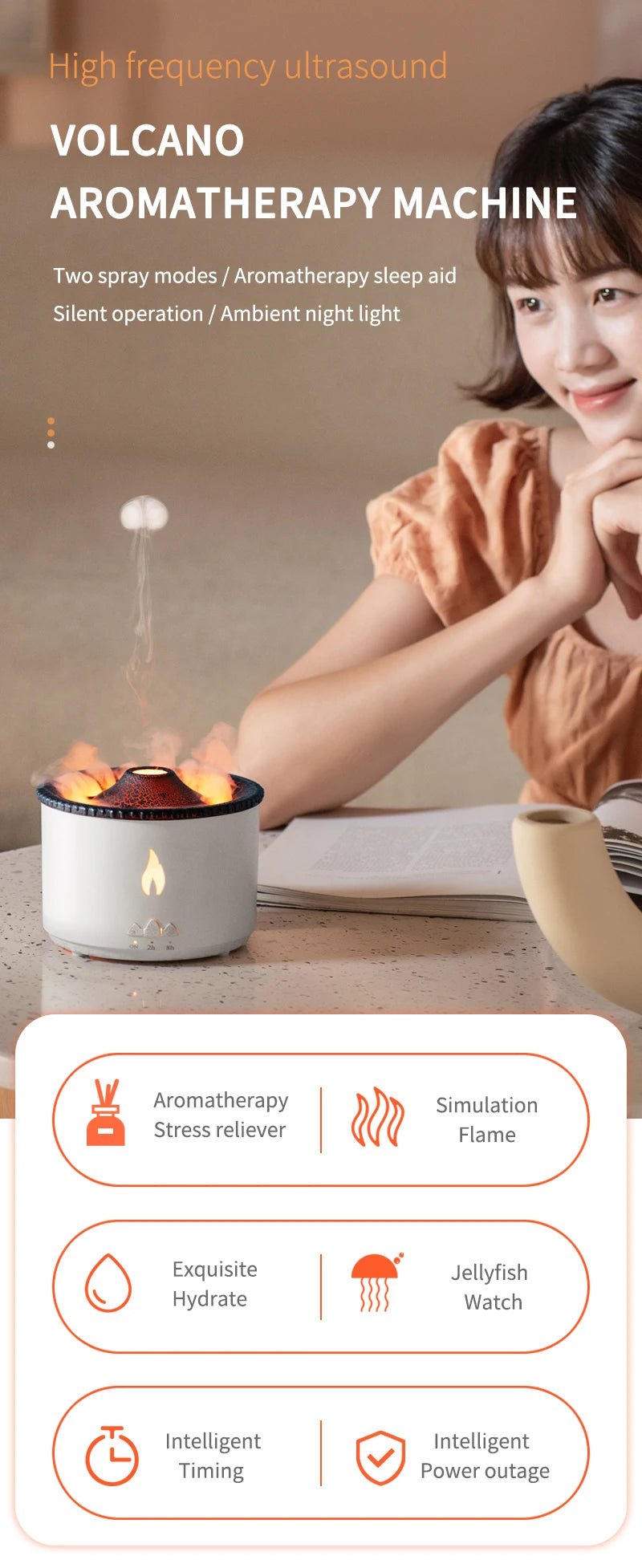 Humidifier Aromatherapy Flame Volcano Light Timer for Bedroom Home Yoga Office Flame Ultrasonic Essential Oil Diffuse