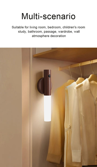 LED Wood Grain Magnetic Wall Lamp Motion Sensor USB Night Light Cabinet Closet light Staircase Bedroom Table Bedside Lighting